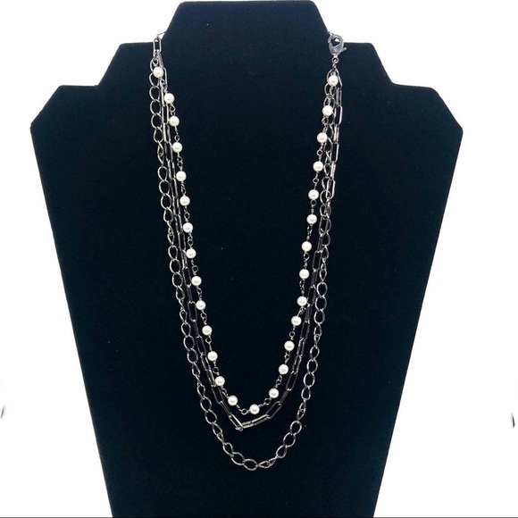 Messy Layered Pearl Necklace Gunmetal Black Rhodium Plated Sterling Silver - Picture 3 of 8